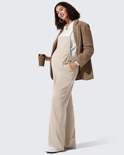 G4Free Maternity Jumpsuits Adjustable Strap Wide Leg Pregnancy Rompers - color: Light Khaki, size: Medium