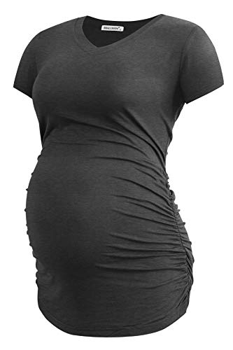 Smallshow Women's V Neck Maternity Clothes Tops Side Ruched Pregnancy T Shirt - color: Black/Deep Grey/Light Grey, size: Medium