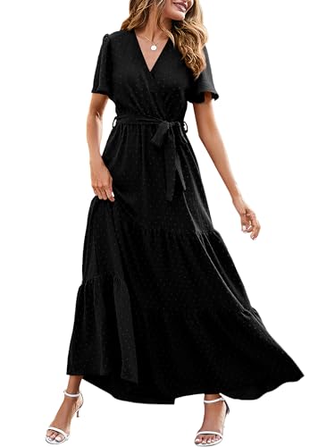 MASCOMODA Womens Summer Swiss Dot Maxi Dresses Wrap Boho Floral Long Dress - color: S-black, size: Medium