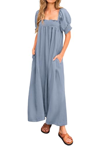 KIRUNDO Women Summer Maxi Dress Puff Sleeve Long Dresses - color: Blue Grey, size: Medium