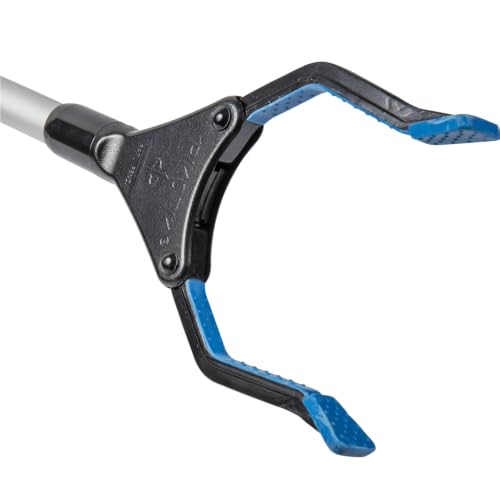 HealthSmart Adjustable Length Reacher Grabber with Rotating Jaw, Contour Grip Handle and 5.5 Inch Jaw Opening, Adjustable Length Design from 30 to 44 Inches with Locking Ring, Blue and Silver