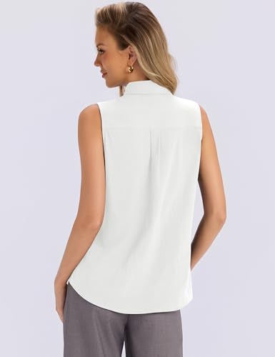 LOMON Women’s Summer Sleeveless Button Down Shirt Office Collared Blouses with Pleated Front Casual Basic Tank Tops - color: White(cotton), size: Large