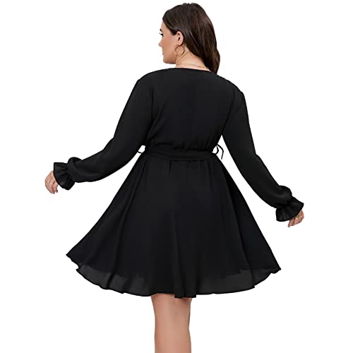 SCOMCHIC Women's Plus Size Long Sleeve Wrap V Neck A Line Mini Dress - color: Black, size: 3X-Large Plus