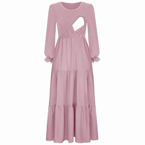 CzzzyL Women's Nursing Dress Smocked Bodice Ruched Midi with Pockets - color: Pink, size: Medium