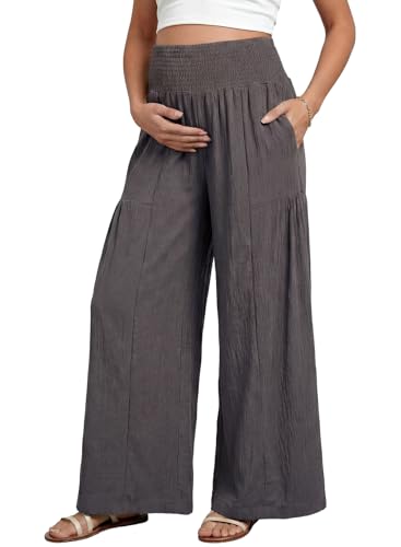 BLENCOT Maternity Smocked Waist Palazzo Pants Wide Leg Casual Trousers - color: Grey, size: Medium