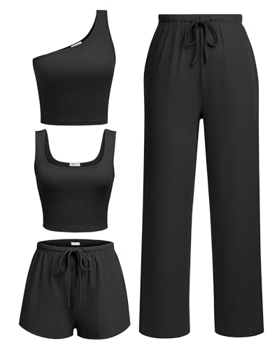 Ekouaer 4 Piece Sets for Women Casual Lounge Sets Summer Vacation Outfits - color: Black, size: Large
