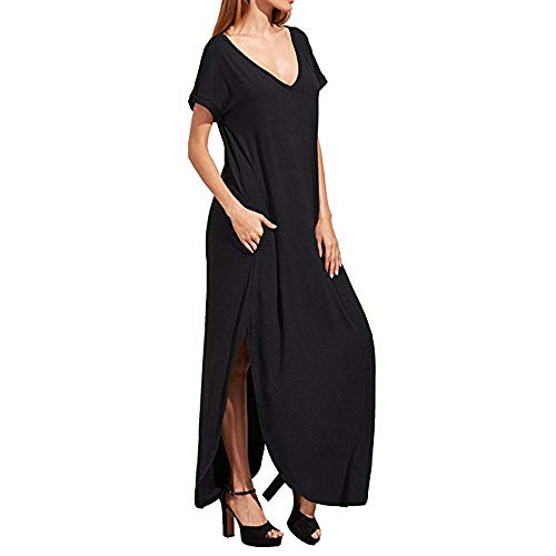 Women's Year-Round Casual Maxi Dress V-Neck Boho Long Dress with Pockets - color: 152 Black, size: Medium