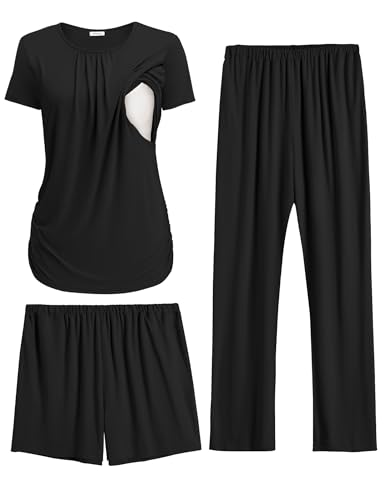 Ekouaer Maternity Nursing Pajamas Set 3 Piece Postpartum Breastfeeding Pjs - color: Black, size: Small
