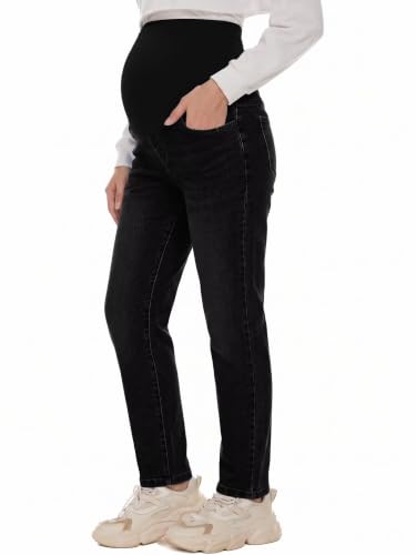 Yoklass Over The Belly Maternity Jeans Long Pants with Pockets - color: A01: Black, size: XX-Large