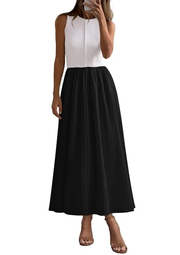 PRETTYGARDEN Pleated Maxi Dresses for Women with Pockets - color: Black White, size: XX-Large