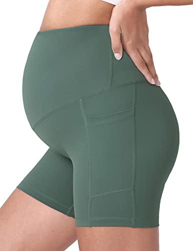 POSHDIVAH Maternity Biker Shorts Over the Belly with Pockets 5"/8" - color: Crab Green, size: X-Small