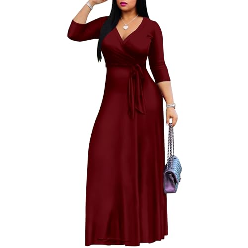 Mrskoala Women Plus Size Long Maxi Wrap Dresses Summer Sundress V-Neck 3/4 Sleeve - color: Winered, size: X-Large