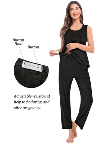 SWOMOG Maternity Nursing Robe Set 3 PCS Postpartum Breastfeeding Pajamas Hospital Pregnancy Pjs Double Layer Lounge Set - color: Black Grey, size: Medium