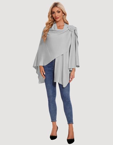 PULI Women Elegant Cross Front Floral Shawl Wraps Poncho Fall Winter - color: Grey