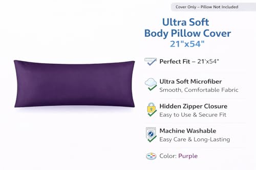 EVOLIVE Body Pillow Cover 21"x54", Microfiber, Hidden Zipper (Purple) - color: Purple