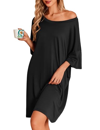 Ekouaer Nightgowns for Women Bamboo Viscose Night Gown Plus Size Nightshirt - color: Black, size: Medium