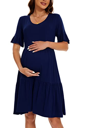 Smallshow Women's Maternity Dress Ruffle Short Sleeve Pregnancy Clothes - color: Navy, size: Small