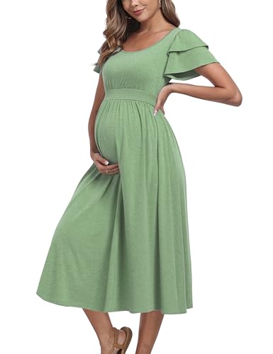 Ruffle Short Sleeve Maternity Dress High Waisted Midi Baby Shower Dresses - color: Sage, size: Medium