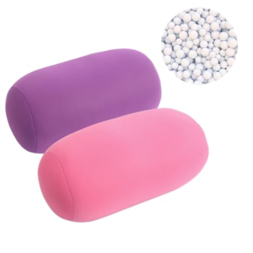 Microbead Bolster Pillow, 2 Pack Cylindrical Neck Roll Pillow, Soft Squishy Tube Cushion for Neck, Back, Lumbar Support, Office Napping, Travel, Home, Pink & Purple