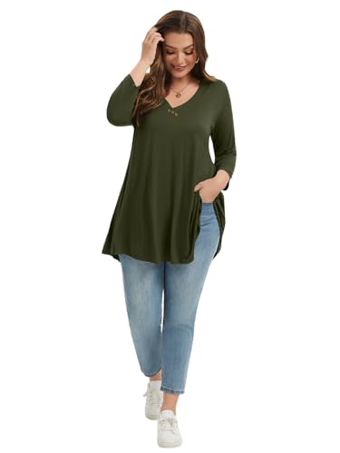 LARACE Plus Size Tunic Womens 3/4 Sleeve Tops V Neck Swing Loose Blouses - color: Army Green, size: Medium