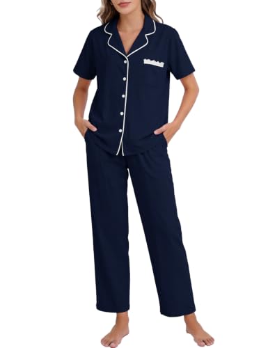 Flygo Womens Button Down Pajama Set Short Sleeve Top Long Pants Soft Loungewear Pjs Set with Pockets - color: Navyblue, size: X-Large