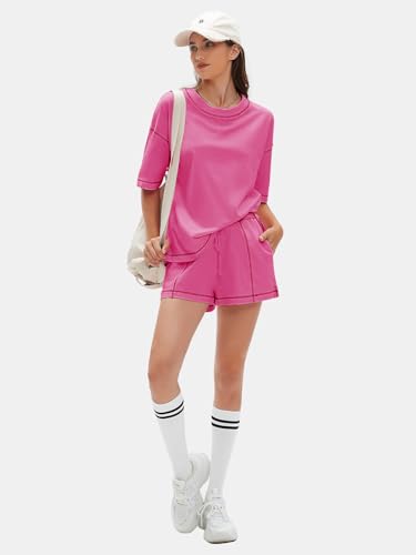 EXLURA Womens Short Sets 2 Piece Outfits Summer 100% Cotton Matching Set - color: Hot Pink, size: X-Small