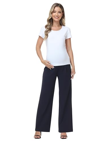 Maternity Pants Work Stretchy Wide Leg Dress Pant - color: Navy Blue, size: Large