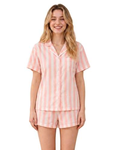 NAP BOUND 100% Cotton Pajamas Set for Women 2 Piece PJs Set - color: Light Pink Striped, size: X-Small