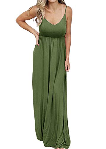 PRIMODA Women's Summer Casual Sleeveless V Neck Adjustable Spaghetti Strap Maxi Long Dress - color: Army Green, size: Medium
