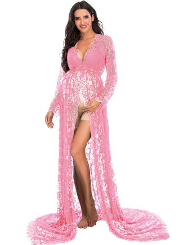 ZIUMUDY Maternity Deep V-Neck Split Front See-Through Maxi Lace Dress for Photography with Long Sleeve - color: Pink, size: Medium