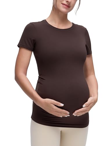 CRZ YOGA Maternity Crewneck T-Shirt - color: Hot Fudge Brown, size: Medium