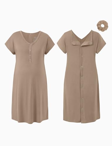 PATPAT Maternity Labor and Delivery Gown, Womens Hospital Gown with Pockets - color: Beige, size: Medium (Fit S/M)