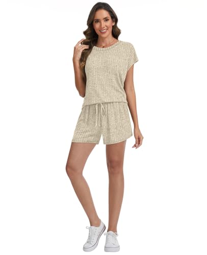 Womens Pajamas 2 Piece Lounge Sets Summer Sleepwear Short Pjs - color: Beige, size: X-Large