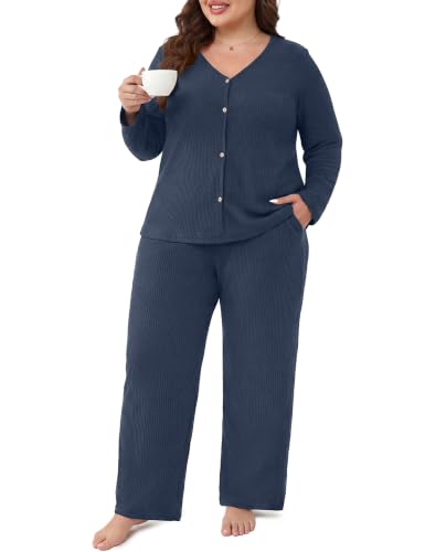Plus Size Pajama Set for Women Long Sleeve Loose Fit Loungewear - color: Navy Blue, size: 3X-Large Plus