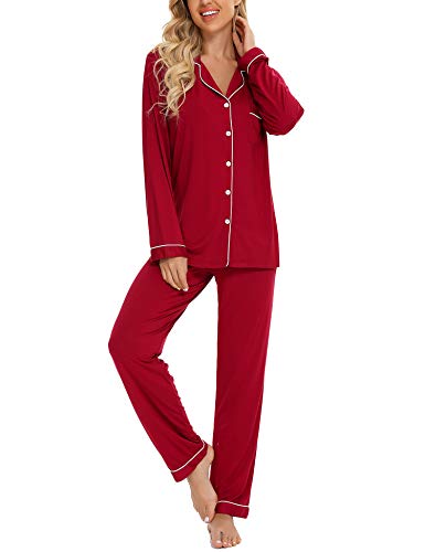 Anjue Pajamas For Women Set Long Sleeve Button Up Sleepwear Soft Pjs - color: Wine Red, size: Small