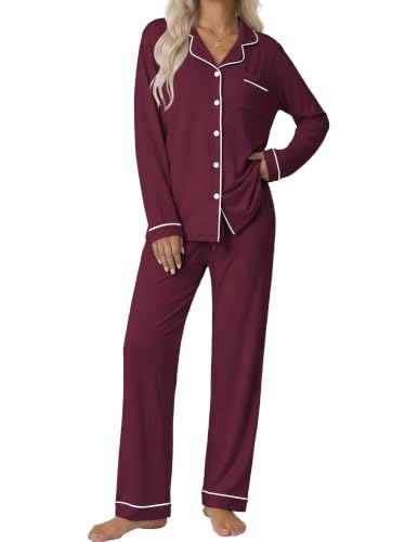 Ekouaer Pajamas Womens Long Sleeve Sleepwear Button Down Loungewear Pjs Set - color: Wine Red, size: X-Small