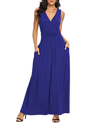 LILBETTER Women Sleeveless Deep V Neck Loose Plain Long Maxi Casual Dress - color: 01 Royal Blue, size: Small