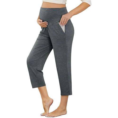 Maternity Capri Pants, Over The Belly Pregnancy Pants with Pocket - color: Dusty Gray, size: XX-Large