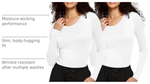 COZYFIT 2 Pack Underscrub Long Sleeve Women, Scrubs Undershirts, Crew Neck - color: White/White, size: XX-Small