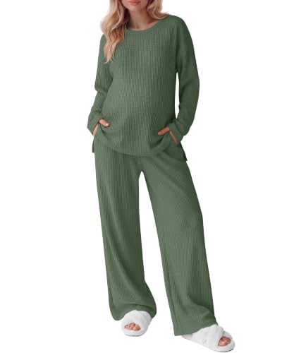 Huukeay Women's Maternity 2 Piece Waffle Outfits Lounge Set - color: Gray Green, size: X-Large
