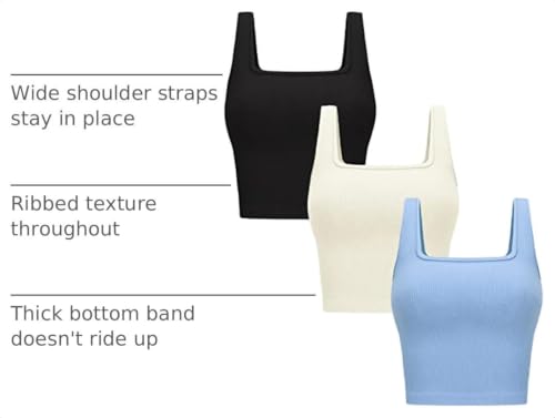Womens 3Pk Crop Tank Tops Square Neck Workout Top - color: Black + Beige + Light Blue, size: X-Small