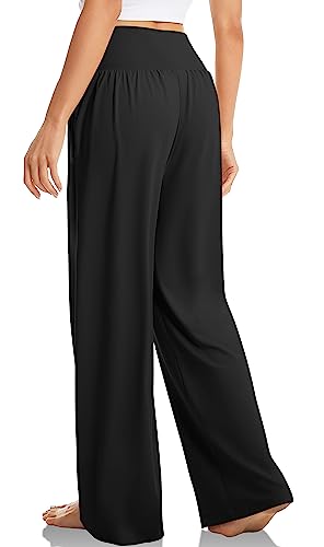 TARSE Womens Wide Leg Casual Loose Pants Yoga Sweatpants - color: Black, size: Large