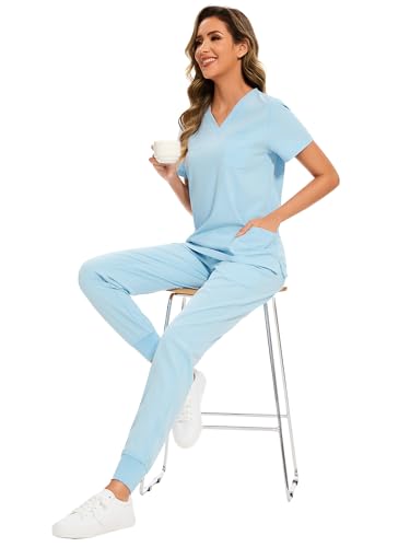 COZYFIT Scrubs for Women Set - Stretch V-Neck & Jogger Pant with 9 Pockets - color: Baby Blue, size: Medium-Tall