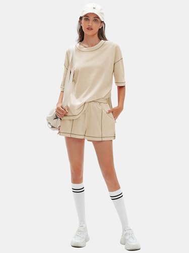 EXLURA Womens Short Sets 2 Piece Outfits Summer 100% Cotton Matching Set - color: Apricot, size: X-Large