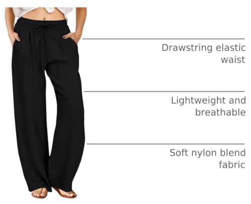 FireSwan Linen Pants Women Drawstring Elastic Waist Wide Leg Palazzo Pants - color: Black, size: Medium