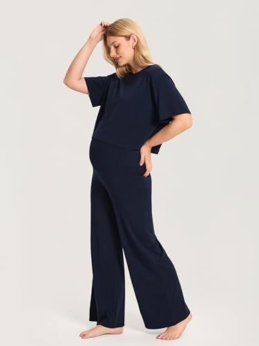 MOMANDA Cotton Modal Cropped Maternity Tops - color: Deep Ocean Blue, size: Large