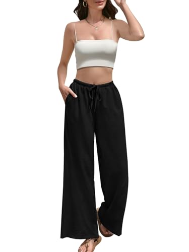 Wide Leg Pants for Women Flowy Palazzo Pants Drawstring Elastic Beach Trousers with Pockets Summer Vacation - color: Black, size: X-Small