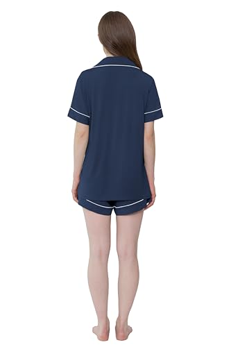 Cherrydew Women's Bamboo Viscose Cooling Button Up Pajama Shorts Set - color: Navy, size: X-Large