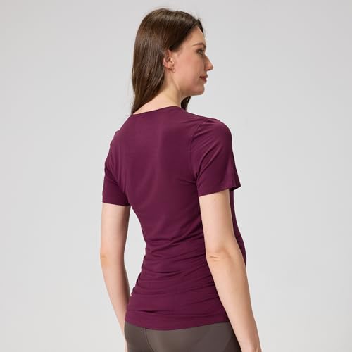 netdraw Buttery Soft Bamboo Viscose Maternity T Shirt, Pregnancy Short Sleeve Side Ruched Casual Tops - color: Claret, size: Small