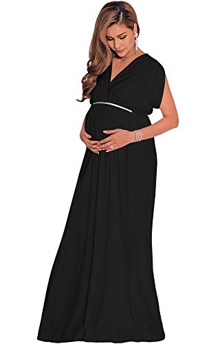 KOH KOH Womens Long Short Sleeve V-Neck Maternity Summer Flowy Maxi Dress - color: Black, size: Large